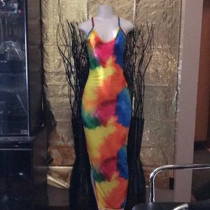 Strappy Tie-Dye Maxi Long Dress With Slit On Side